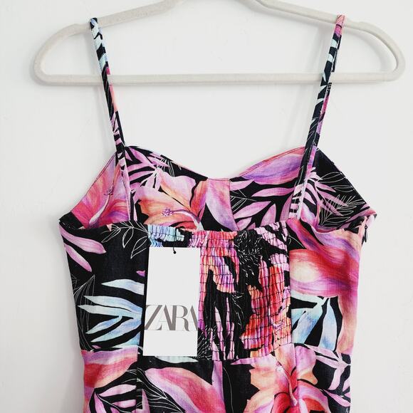 Zara Tropical Floral Print Corset Style Maxi / Midi Dress Side Slit Size Medium - Picture 4 of 11